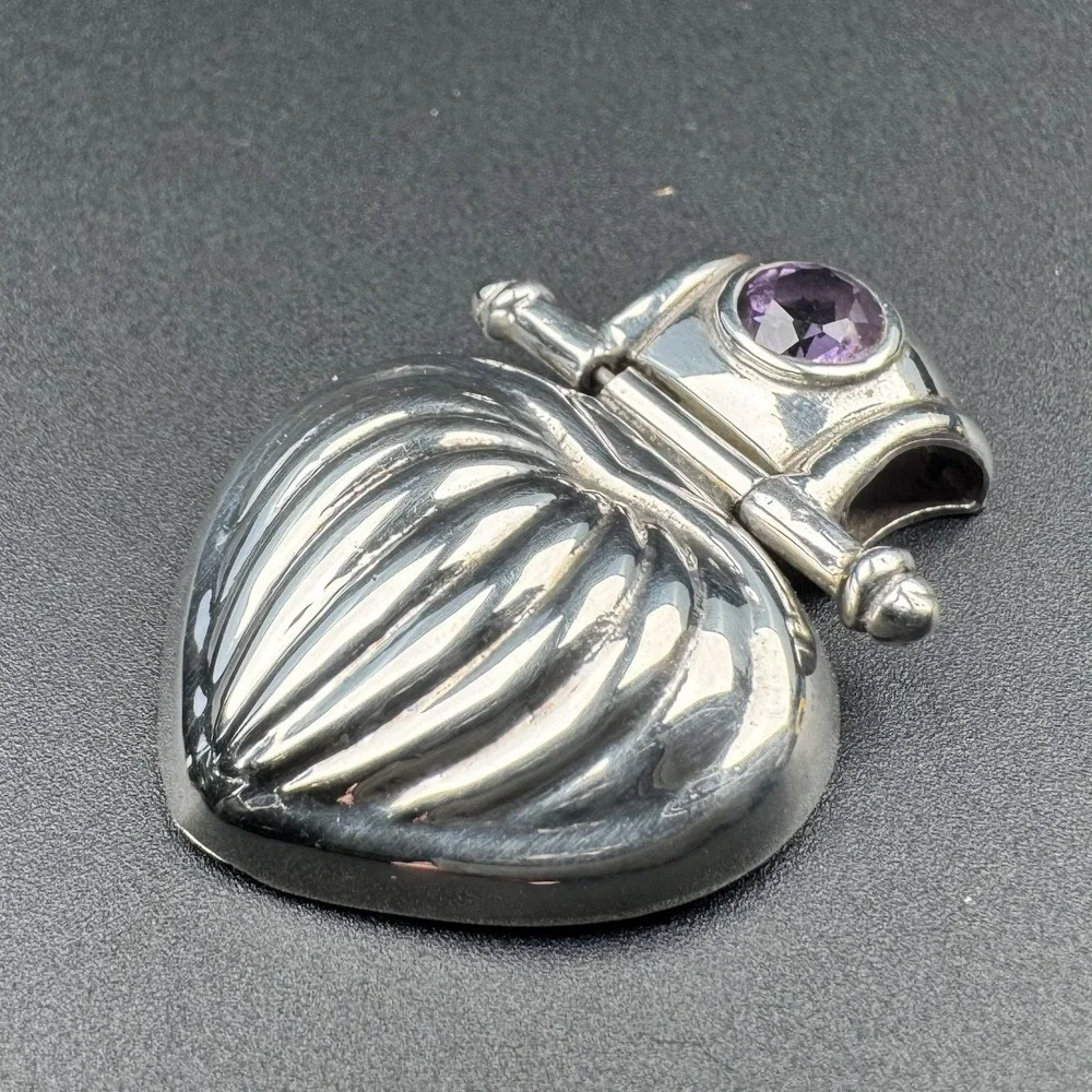 Italian 925 Sterling Silver Puffed Fluted Heart Hinge Pendant SU Amethyst